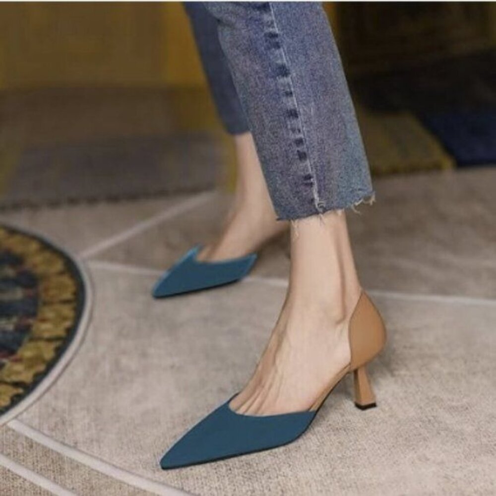 FOWT Chic Two Tone D'Orsay Kitten Mid Heel Pumps for Women Dressy Pointed Toe